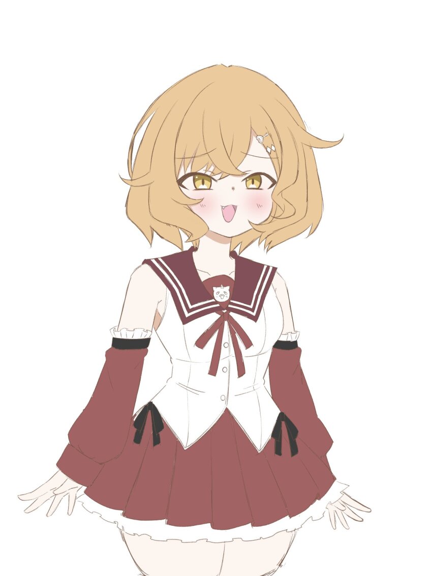 1girl, :3, :d, arms_at_sides, assault_lily, blush, brown_hair, cosplay, cowboy_shot, crossed_bangs, detached_sleeves, fang, frilled_sleeves, frills, hair_ornament, hairclip, heart, heart_hair_ornament, highres, kanba_girls_high_school_uniform, kuwata_io, long_sleeves, looking_at_viewer, miniskirt, neck_ribbon, open_mouth, pleated_skirt, red_ribbon, red_sash, red_skirt, ribbon, sash, school_uniform, serafuku, shibukawa_chie, shibukawa_chie_(cosplay), shirt, short_hair, simple_background, skirt, sleeveless, sleeveless_shirt, smile, solo, standing, unu_(yayoinoasagohan), white_background, white_shirt, yellow_eyes