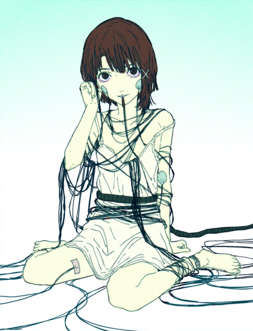 1girl, absurdres, arm_support, barefoot, black_eyes, brown_hair, cable, cable_in_mouth
