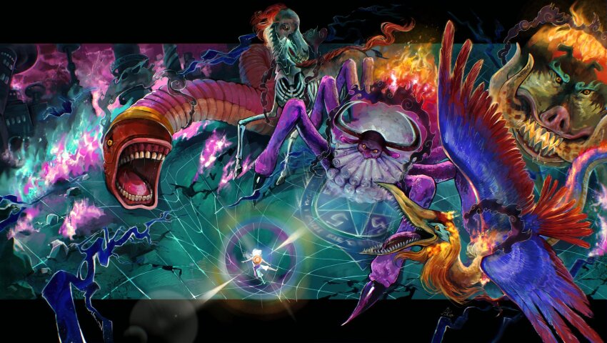 6+boys, aklirkiefer, alternate_form, bakotsu_(youkai), beard, bird, black_hat, boar