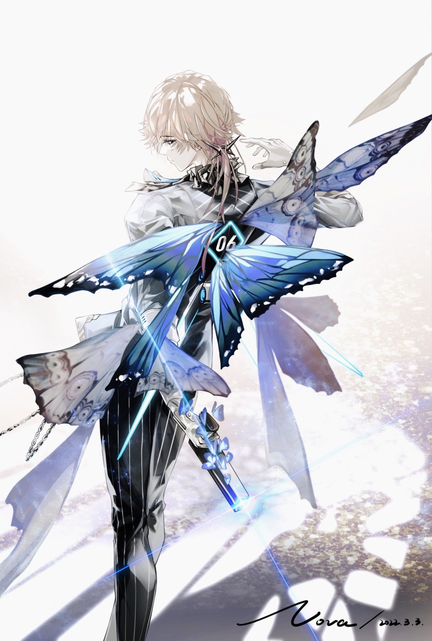 1boy, absurdres, black_pants, blonde_hair, blue_butterfly, blue_eyes, bug, butterfly