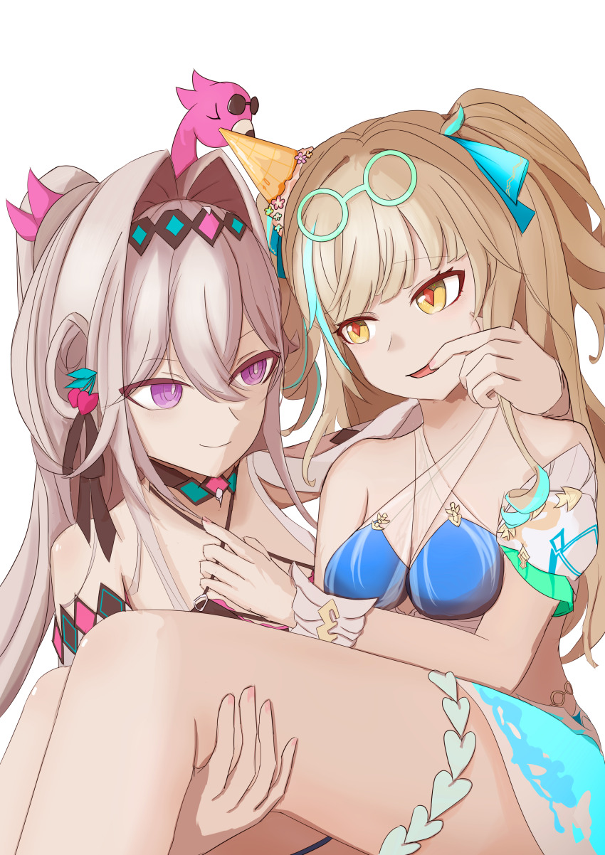 2girls, absurdres, aimii83, bare_shoulders, bikini, black_bikini, blonde_hair, breasts