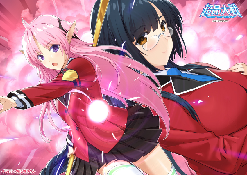 2girls, :d, ahoge, black_hair, blazer, blue_necktie, breasts, choukou_(alicesoft)