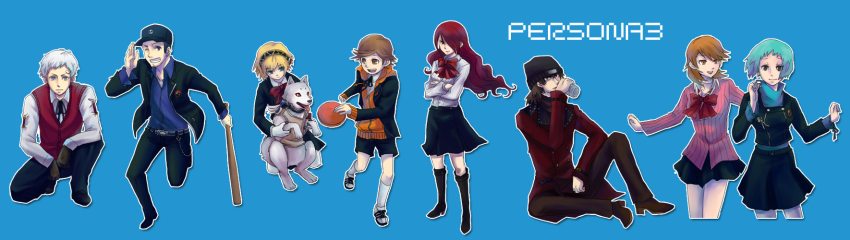 4boys, 4girls, aigis_(persona), amada_ken, android, animal, aqua_hair, aragaki_shinjirou, atlus, beanie, black_skirt, blonde_hair, blue_eyes, bow, brown_eyes, brown_hair, child, choker, coat, dog, hair_over_one_eye, hat, highres, iori_junpei, kaba-chan, kirijou_mitsuru, koromaru_(persona), long_hair, long_image, miniskirt, multiple_boys, multiple_girls, one_eye_closed, pantyhose, persona, persona_3, pleated_skirt, red_eyes, red_hair, ribbon, sanada_akihiko, school_uniform, skirt, smile, takeba_yukari, trench_coat, white_legwear, wide_image, wink, yamagishi_fuuka