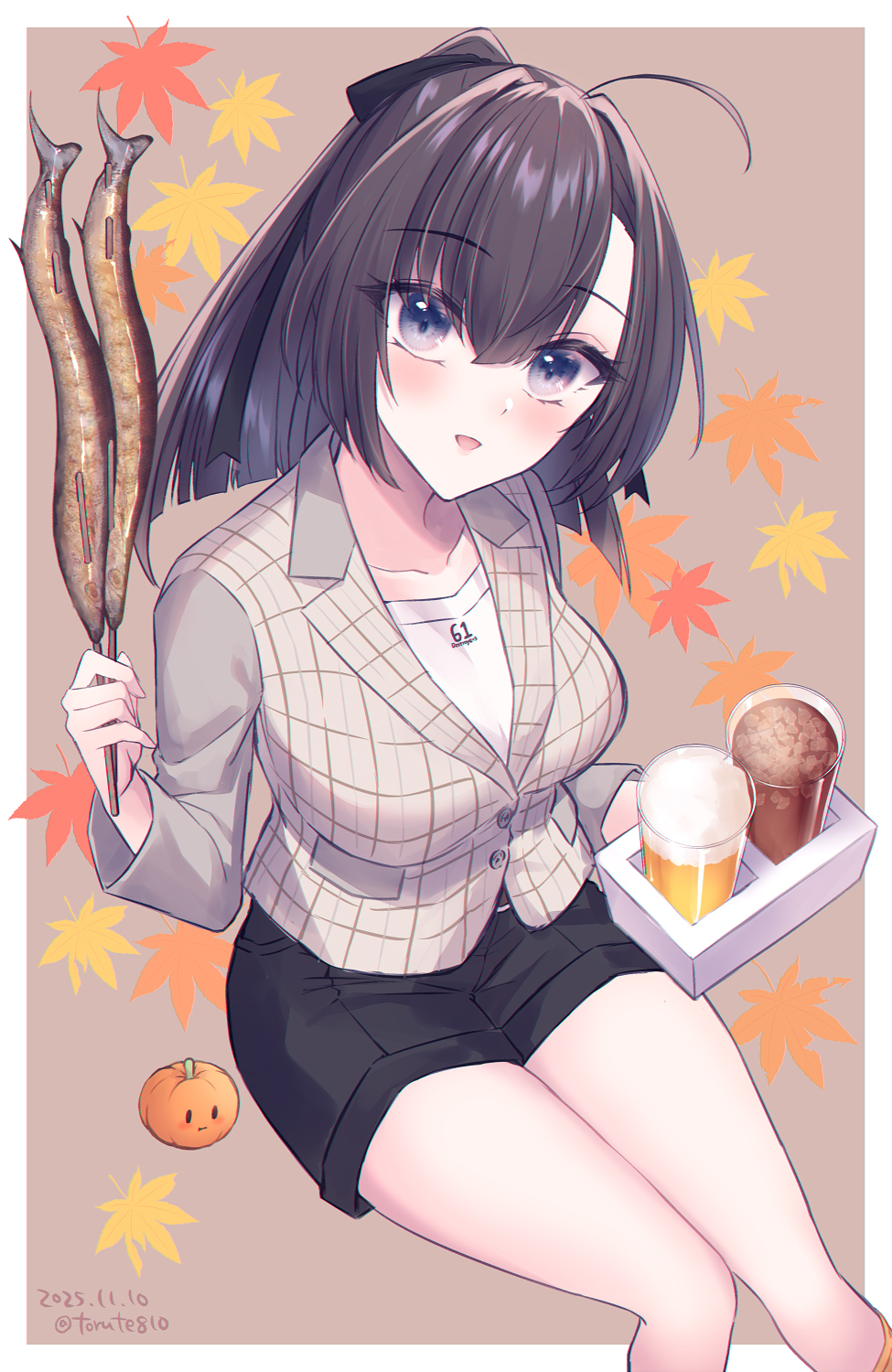 1girl, ahoge, akizuki_(kancolle), akizuki_(saury_festival)_(kancolle), alcohol, autumn_leaves, beer, black_hair