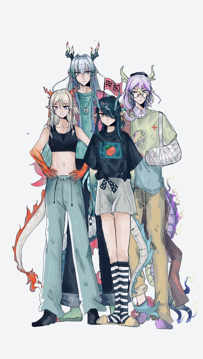 absurdres, arknights, brother_and_sister, dragon_horns, dragon_tail, dusk_(arknights), earrings, eastern_dragon_horns, eastern_dragon_tail, highres, jewelry, liang_(arknights), nian_(arknights), non-web_source, siblings, tassel, tassel_earrings, yi_(arknights), yi_(mascot)_(arknights)