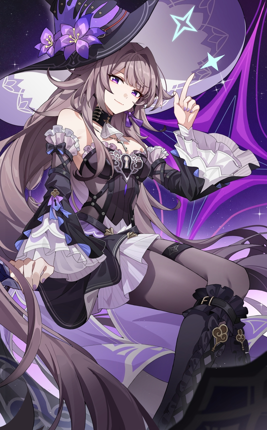 1girl, absurdres, ascot, black_boots, black_choker, black_dress, black_hat, boots