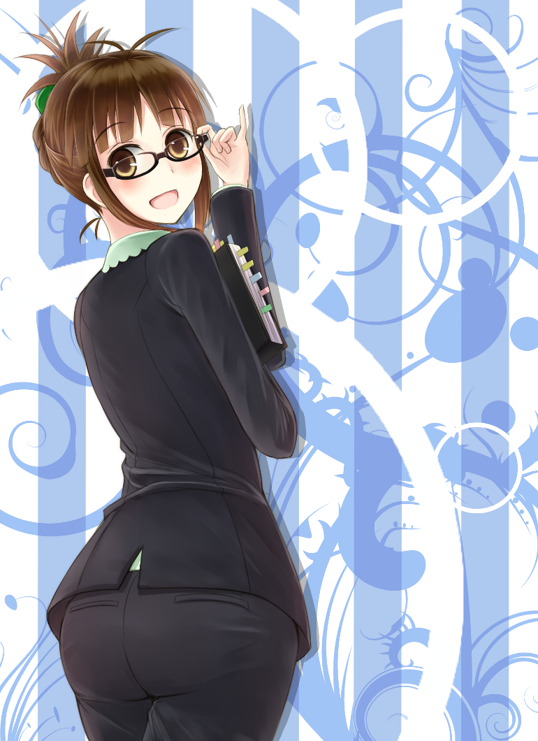 10s, 1girl, adjusting_eyewear, akizuki_ritsuko, antenna_hair, ass, bad_id, bad_pixiv_id