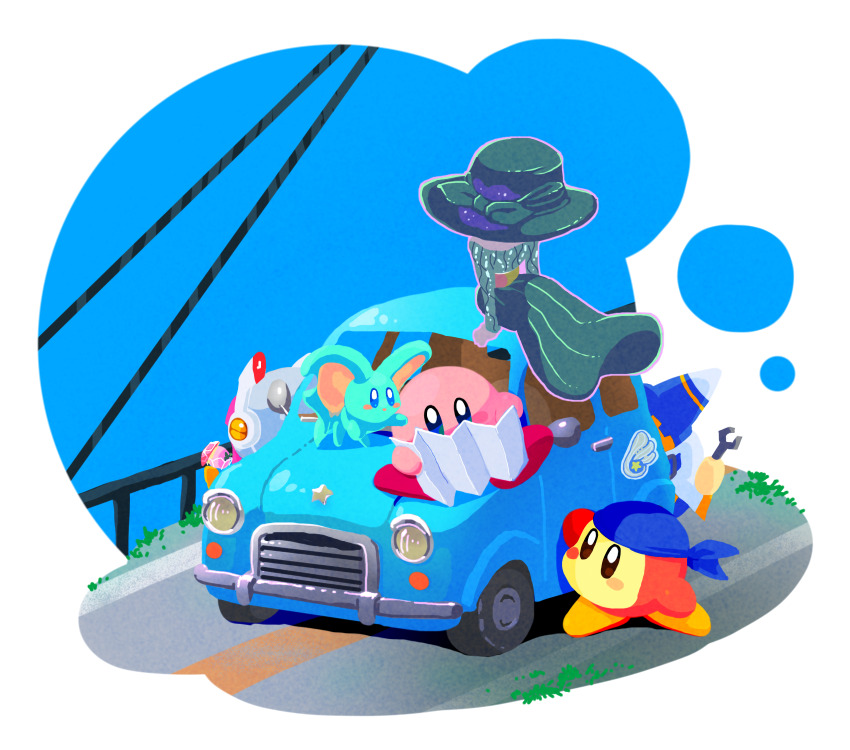 2girls, bandana, bandana_waddle_dee, blue_bandana, blush_stickers, car, colored_skin, elfilin