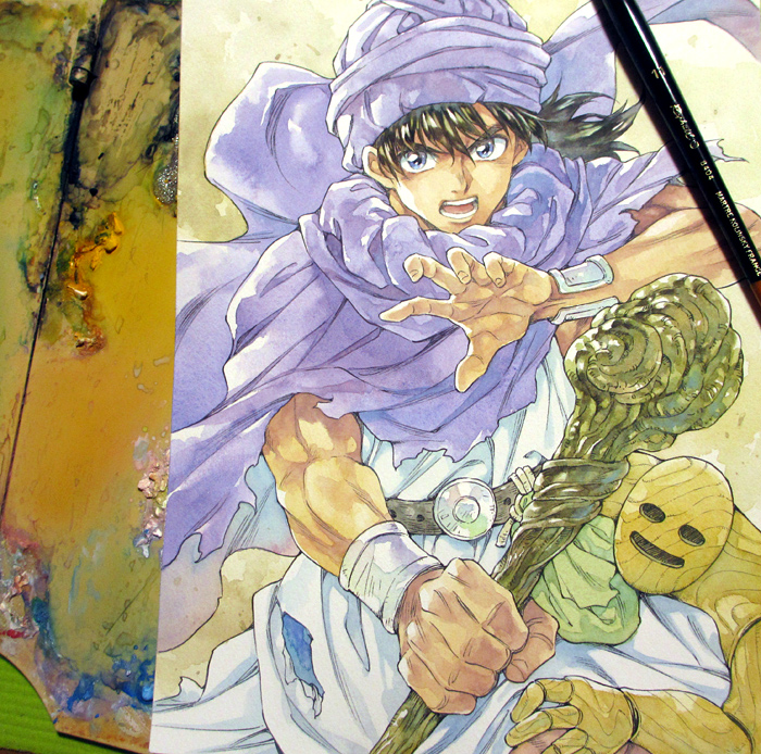 1boy, agahari, art_tools_in_frame, belt, belt_pouch, black_belt, black_hair, bracer, cape, commentary_request, creature, dragon_quest, dragon_quest_v, hat, hero_(dq5), holding, holding_staff, looking_at_viewer, male_focus, medium_hair, mud_mannequin, muscular, muscular_male, open_mouth, painting_(medium), photo_(medium), pouch, purple_cape, purple_eyes, purple_hat, staff, standing, traditional_media, tunic, turban, white_tunic