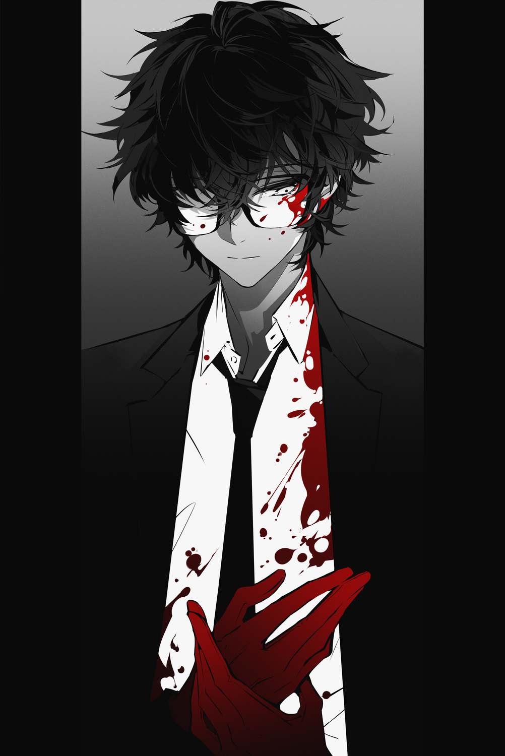 1boy, amamiya_ren, black_hair, black_jacket, black_necktie, blood, blood_on_clothes, blood_on_face