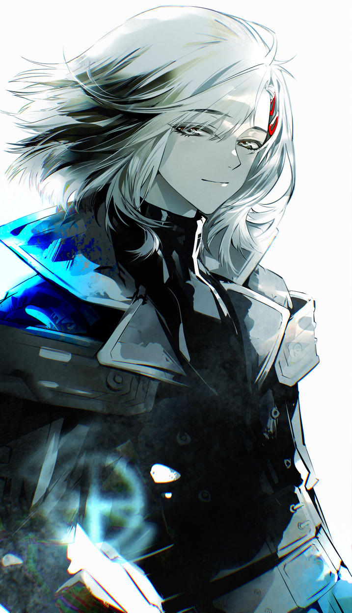 1other, androgynous, armor, belt, black_shirt, closed_mouth, coat, coldiron