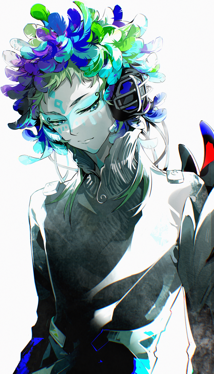 1other, androgynous, aqua_eyes, blue_feathers, closed_mouth, coldiron, eyelashes, eyeshadow
