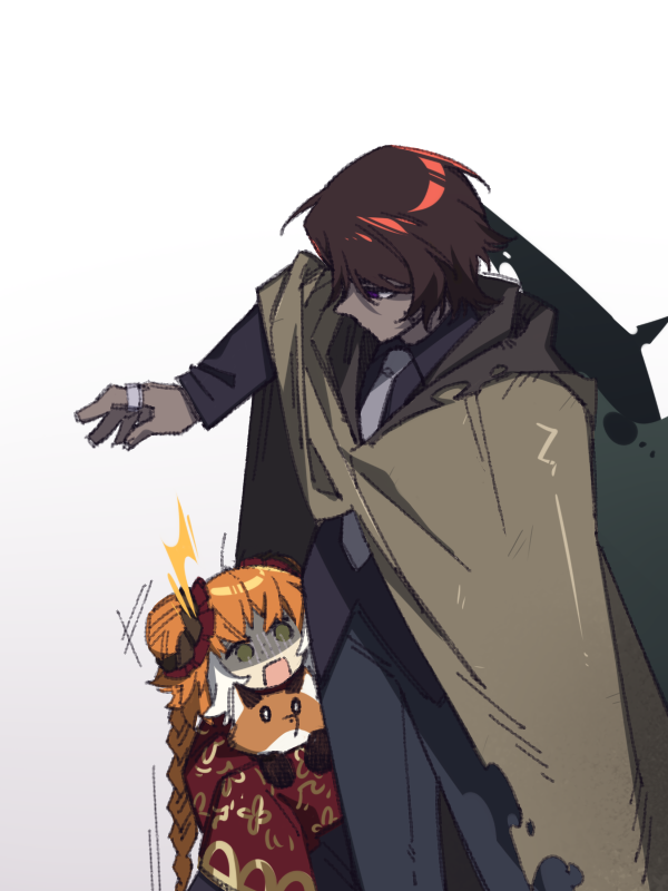 1boy, 1girl, animal, black_pants, black_shirt, braid, brown_hair, brown_raincoat