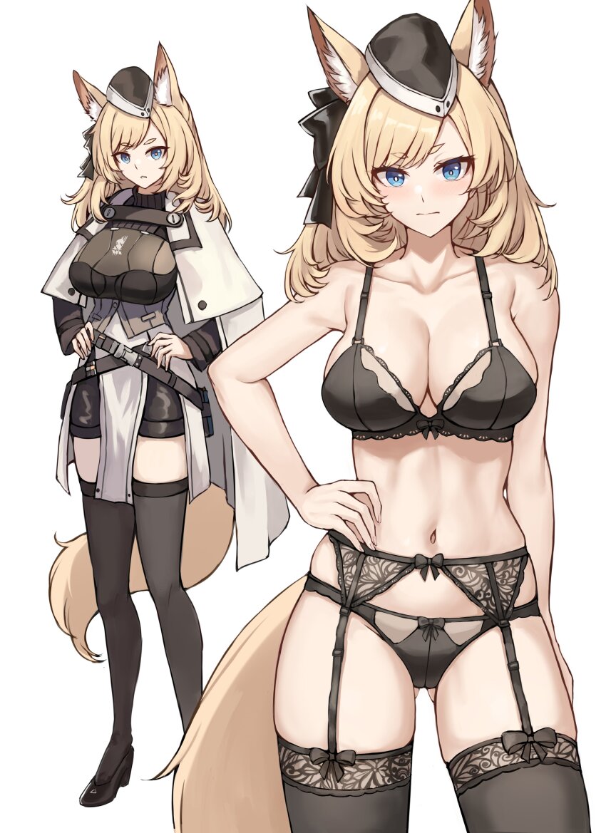 1girl, absurdres, animal_ear_fluff, animal_ears, arknights, black_bra, black_garter_belt, black_panties