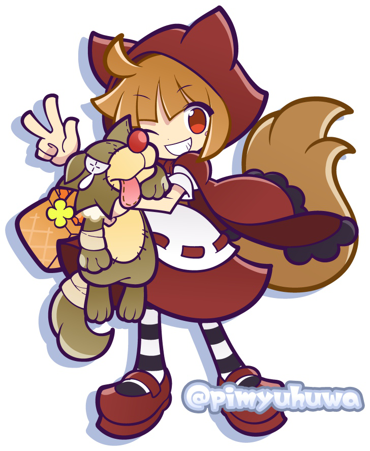 ahoge, animal_ear_hood, basket, brown_hair, cape, crying_object, dress, eyebrows_hidden_by_hair, fake_animal_ears, full_body, grin, holding, holding_stuffed_toy, hood, looking_at_viewer, mary_janes, one_eye_closed, pimyuhuwa, puyopuyo, puyopuyo_quest, rebecca_(puyopuyo_quest), red_cape, red_dress, red_eyes, red_hood, red_shoes, shoes, simple_background, smile, stuffed_animal, stuffed_toy, stuffed_wolf, tail, twitter_username, v, white_background, wolf_tail