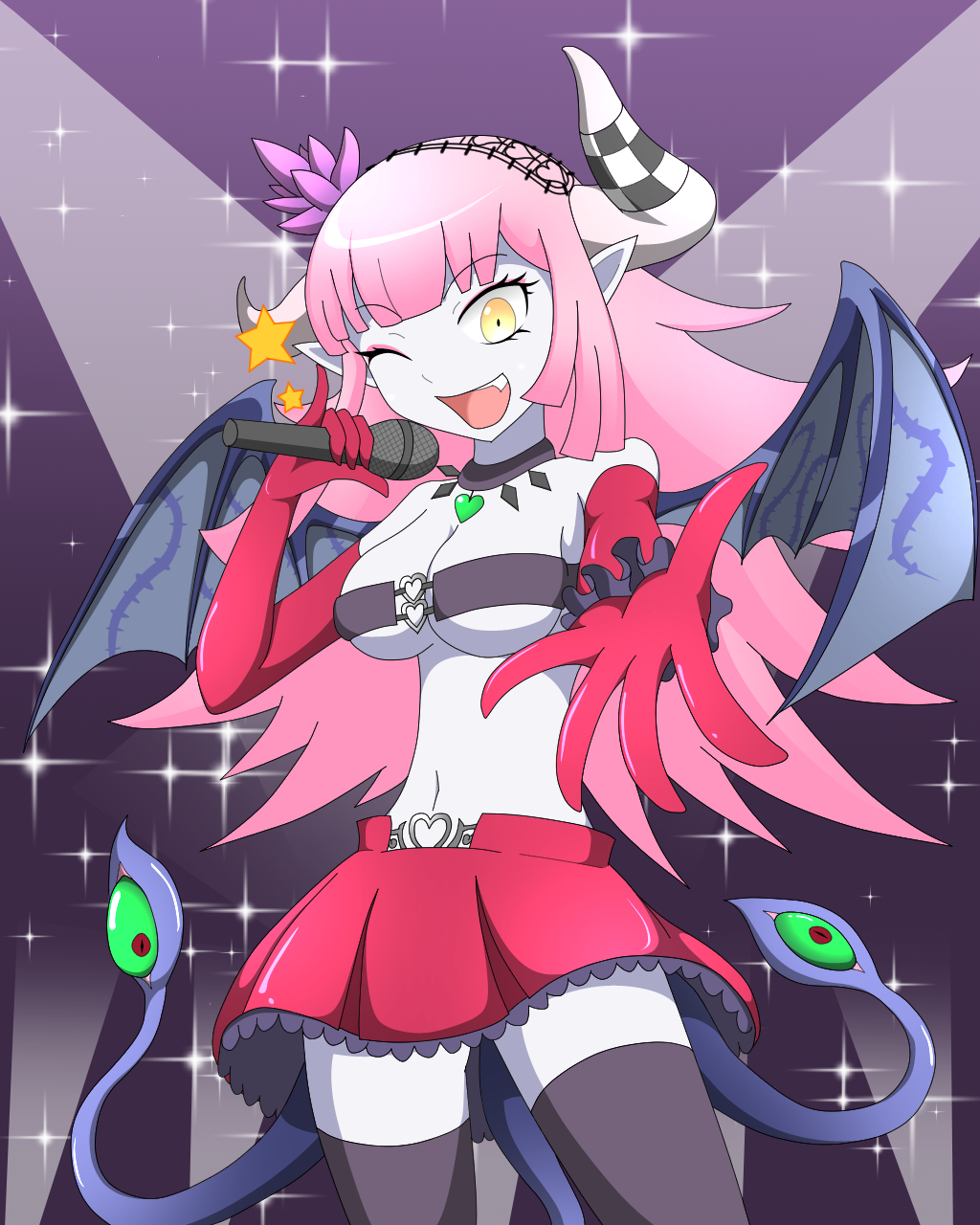 1girl, amauchi, breasts, checkered_horns, choker, cleavage, collar, colored_skin