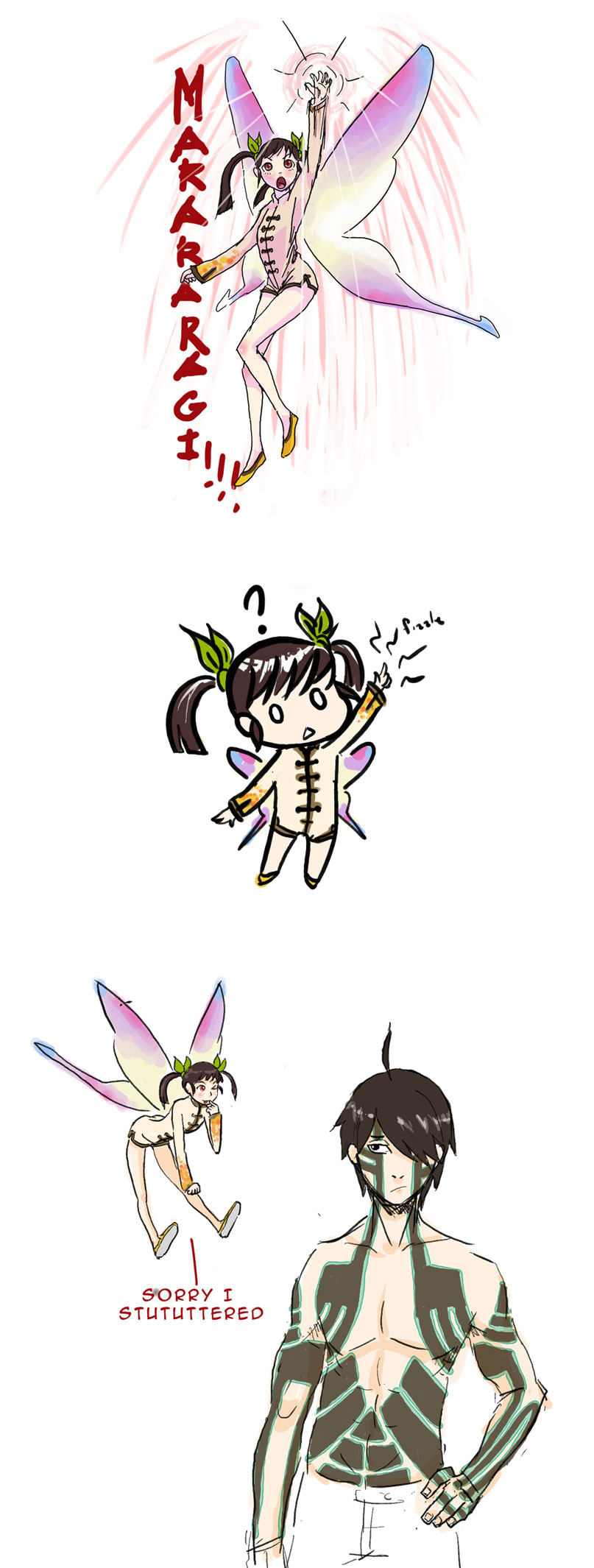 1boy, 1girl, araragi_koyomi, bakemonogatari, black_hair, cosplay, crossover, demi-fiend, demi-fiend_(cosplay), drawfag, fairy, hachikuji_mayoi, highres, hua_po, hua_po_(cosplay), hua_po_(megami_tensei), monogatari_(series), name_connection, non-web_source, pun, shin_megami_tensei, shin_megami_tensei_iii:_nocturne