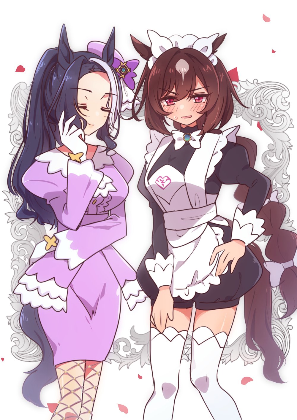 2girls, animal_ears, apron, ascot, black_hair, black_romper, blush, bow