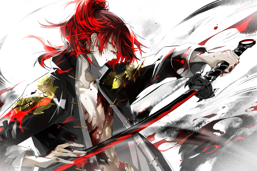 1boy, abs, bishounen, black_jacket, blood, blood_on_body, blood_on_face, blood_splatter, blood_spray, bloody_weapon, closed_mouth, coldiron, collarbone, fighting_stance, hand_up, high_collar, highres, holding, holding_sword, holding_weapon, jacket, long_hair, male_focus, open_clothes, open_jacket, pectoral_cleavage, pectorals, ponytail, profile, red_eyes, red_hair, smoke, solo, sword, torn_clothes, weapon, yong_jie_wujian