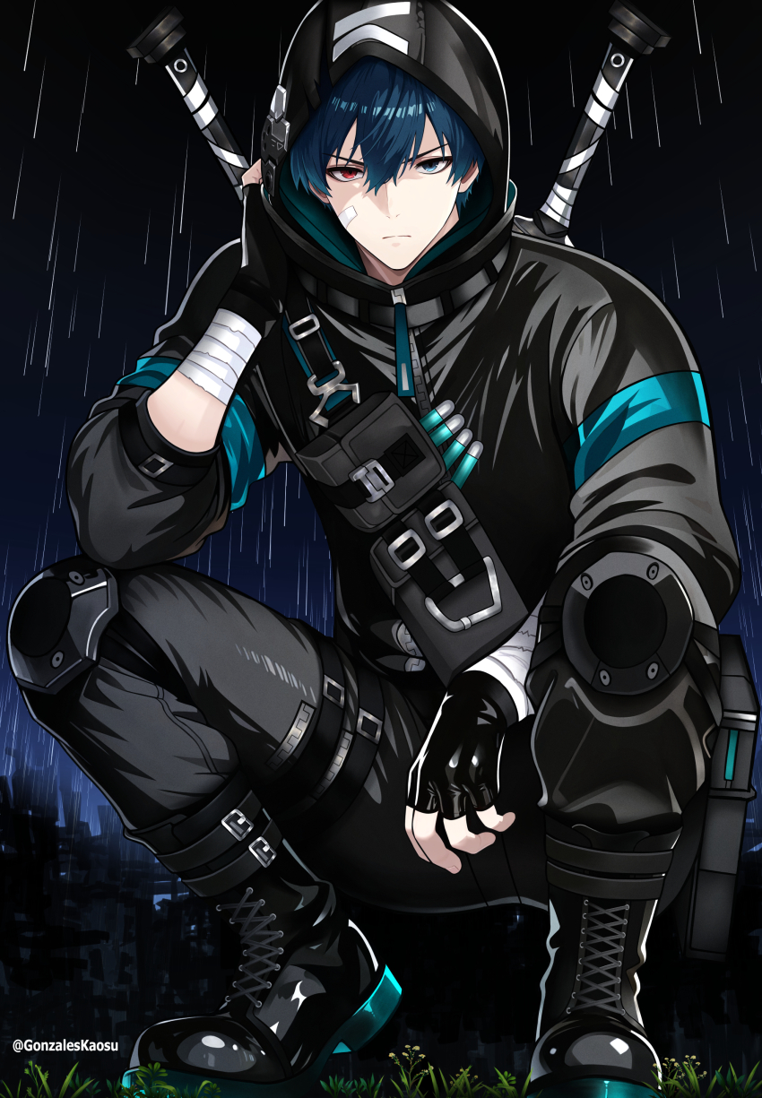 1boy, absurdres, bandaged_arm, bandages, black_gloves, black_jacket, blue_hair, boots, chaos_zero_nightmare, gloves, heterochromia, highres, hood, hooded_jacket, jacket, knee_pads, looking_at_viewer, luke_(chaos_zero_nightmare), male_focus, solo, squatting, sword, weapon