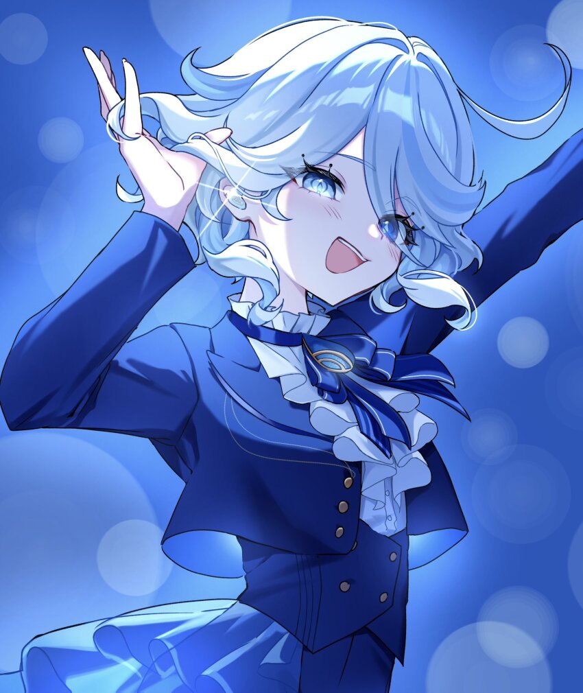 1girl, :d, alternate_costume, blue_background, blue_eyes, blue_gem, blue_hair, blue_jacket, blue_vest, brooch, center_frills, drop-shaped_pupils, earbuds, earphones, eyelash_ornament, frills, furina_(genshin_impact), gem, genshin_impact, hands_up, highres, jacket, jewelry, looking_at_viewer, multicolored_hair, open_mouth, outstretched_arm, short_hair, smile, solo, streaked_hair, symbol-shaped_pupils, takura_0103, tucking_hair, vest, wavy_hair, wireless_earphones
