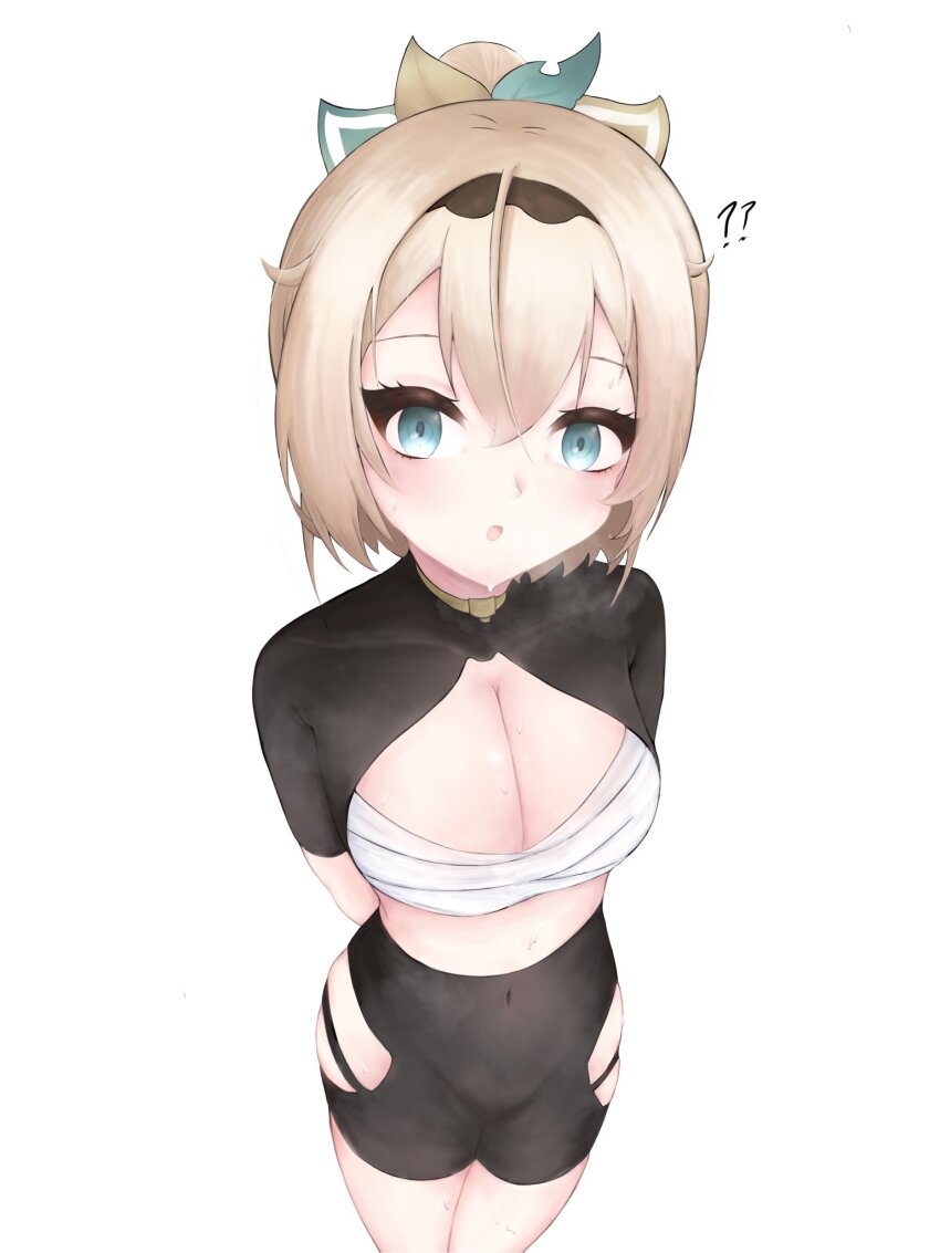 1girl, ?, ??, arms_behind_back, black_shorts, blonde_hair, blue_eyes, breasts