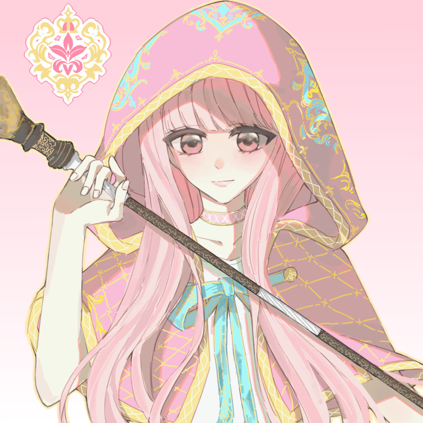 1girl, argyle_cloak, argyle_clothes, blue_bow, blue_bowtie, blunt_bangs, bow, bowtie, brown_eyes, chenlanbulan_slan, chinese_commentary, choker, cloak, closed_mouth, collarbone, commentary_request, crest, eyelashes, fingernails, gradient_background, hair_half_over_shoulder, highres, holding, holding_staff, hood, hood_up, hooded_cloak, infinity_nikki, light_blush, light_smile, lips, long_hair, nikki_(nikki), nikki_(series), pink_background, pink_choker, pink_cloak, pink_hair, pink_lips, shirt, simple_background, solo, staff, upper_body, white_shirt