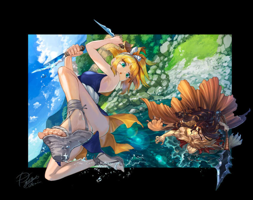 1boy, 1girl, armpits, battle, blonde_hair, blue_dress, blue_sky, border