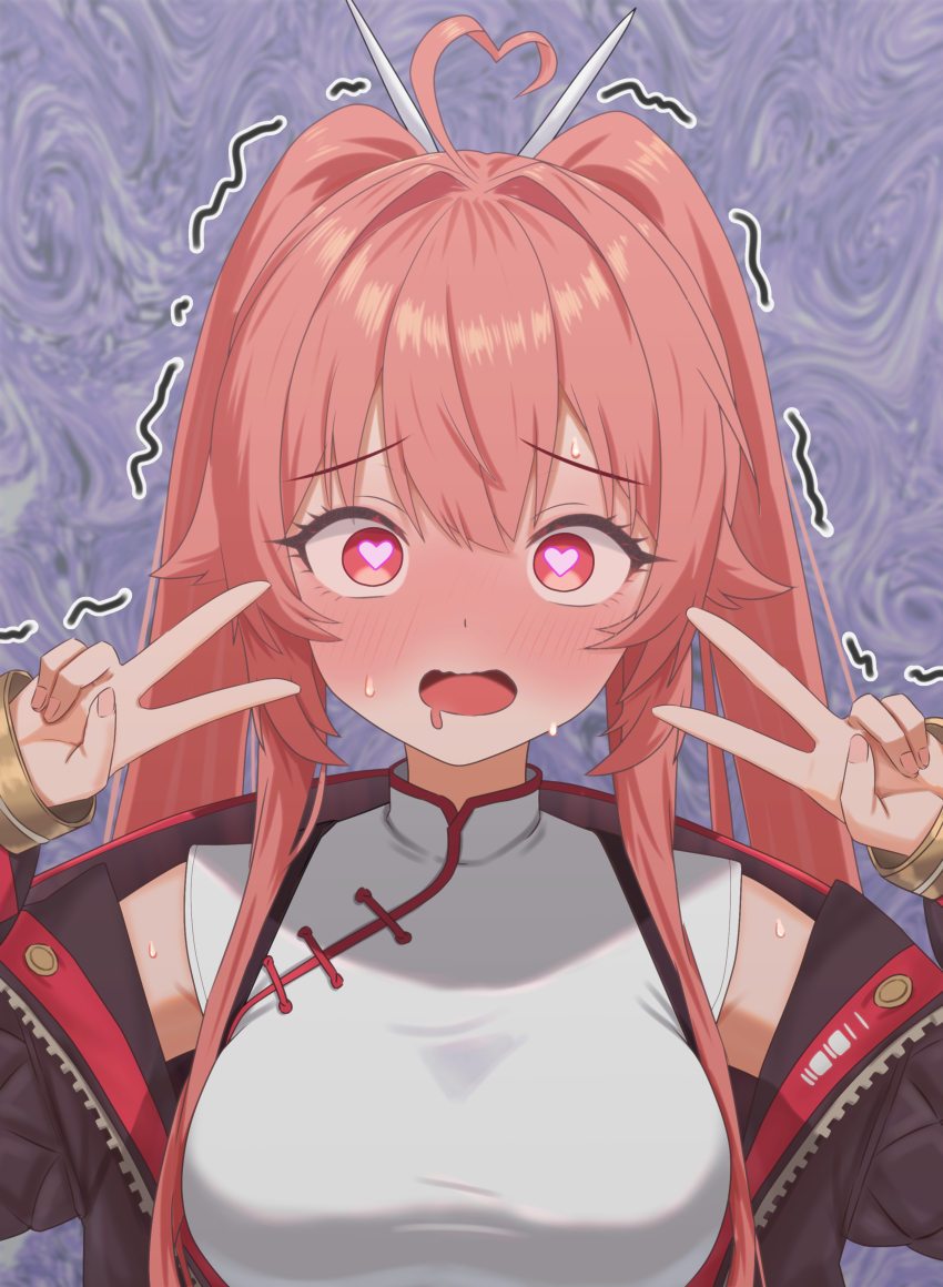 1girl, absurdres, ahegao, ahoge, blush, breasts, chaos_zero_nightmare, cropped_jacket, double_v, heart, heart-shaped_pupils, heart_ahoge, highres, jacket, konnzyou, large_breasts, long_hair, long_sleeves, looking_at_viewer, mei_lin_(chaos_zero_nightmare), nail_polish, open_clothes, open_jacket, pink_hair, red_eyes, solo, symbol-shaped_pupils, twintails, upper_body, v