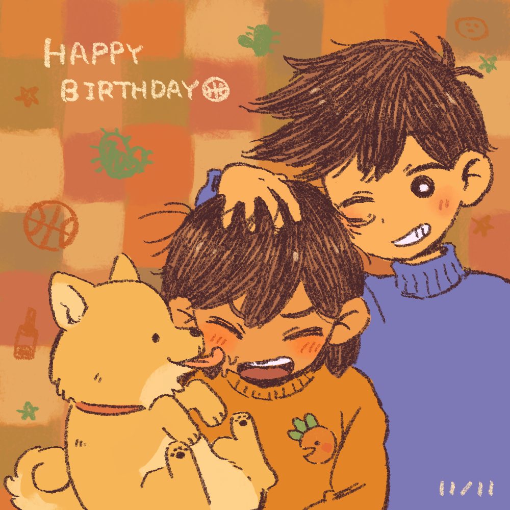 2boys, :d, ;d, ^_^, affectionate, animal, antenna_hair, ball