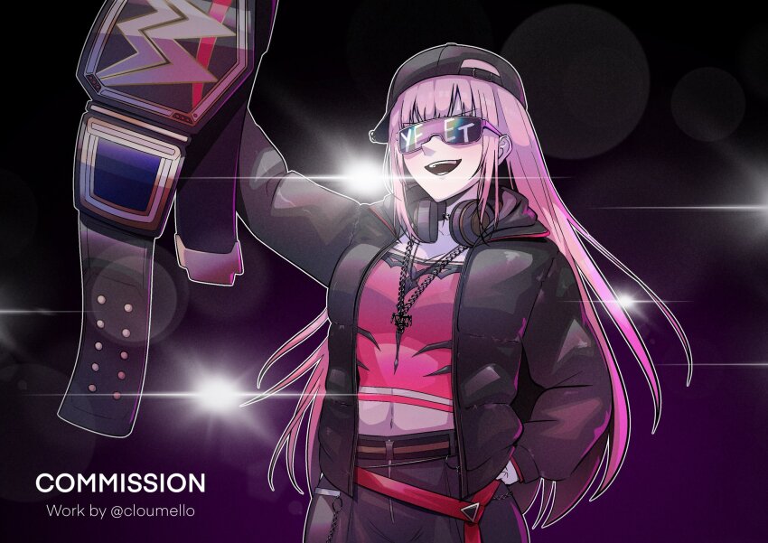 1girl, arm_up, artist_name, baseball_cap, belt, black_hat, black_jacket, black_pants