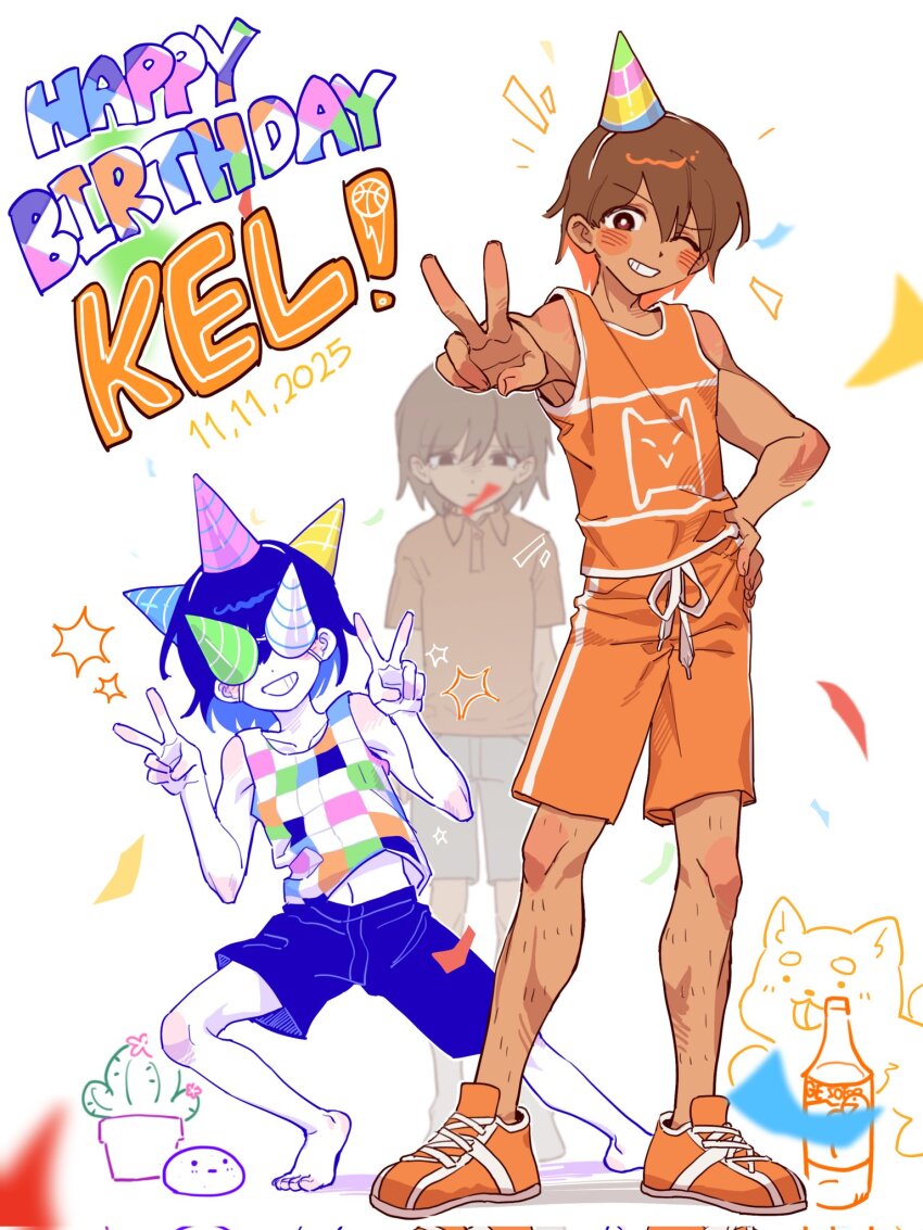 2025, 3boys, :d, ;d, aged_down, animal, arms_at_sides, bare_arms