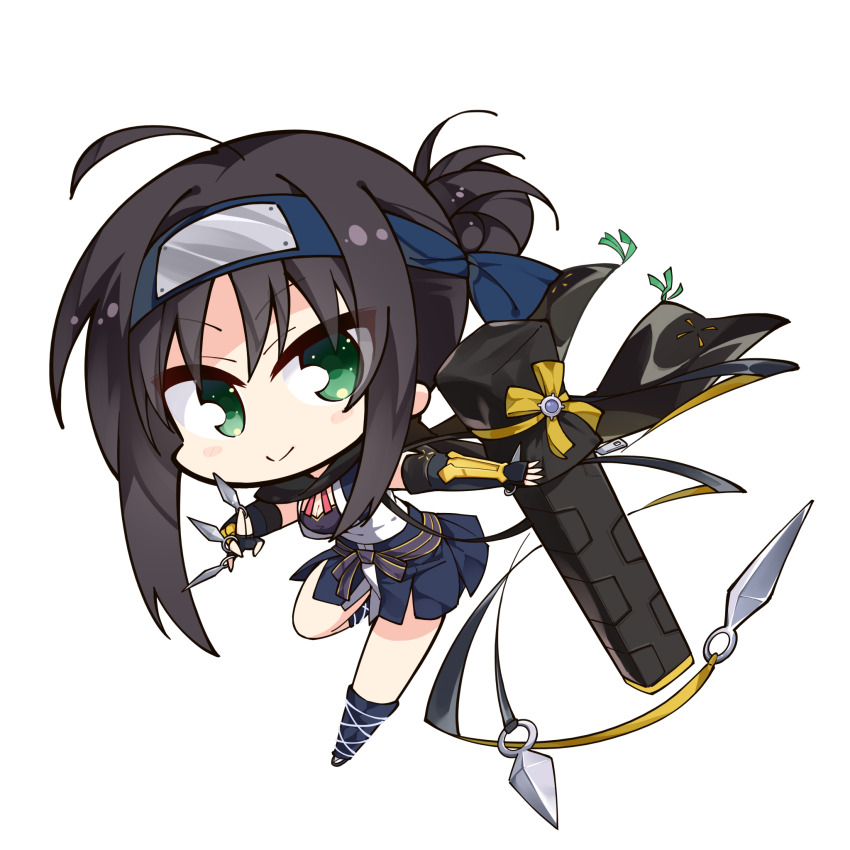 >:), 1girl, ahoge, arm_guards, black_gloves, black_hair, black_sash, black_scarf