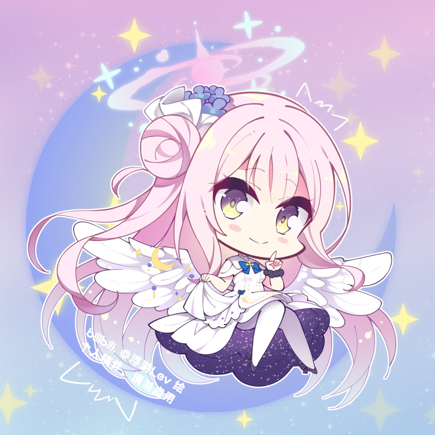 1girl, angel_wings, black_bow, black_scrunchie, black_shoes, blue_archive, blue_background, blue_bow