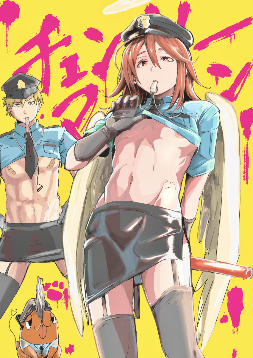 2boys, absurdres, angel_devil_(chainsaw_man), bandaid, bandaids_on_nipples, black_gloves, black_necktie, black_skirt, black_thighhighs, blonde_hair, chainsaw_man, closed_mouth, clothes_lift, commentary_request, crossdressing, crossdressing_(mtf), denji_(chainsaw_man), elbow_gloves, from_below, gloves, hair_between_eyes, hand_on_own_hip, hat, heco_inu, highres, legwear_garter, lifting_own_clothes, long_hair, looking_at_viewer, mouth_hold, multiple_boys, navel, necktie, nipples, pasties, pet, pochita_(chainsaw_man), police, police_hat, police_uniform, pull_cord, shirt_lift, simple_background, skirt, thighhighs, thighs, whistle, whistle_around_neck, yellow_background, yellow_eyes