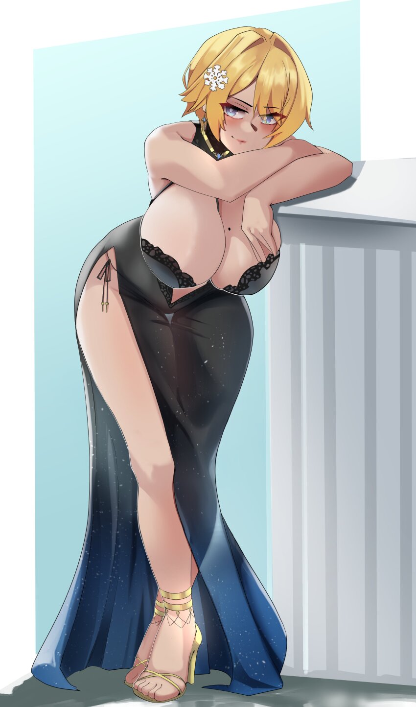 1girl, absurdres, bare_shoulders, black_dress, blonde_hair, blue_eyes, blush, breasts