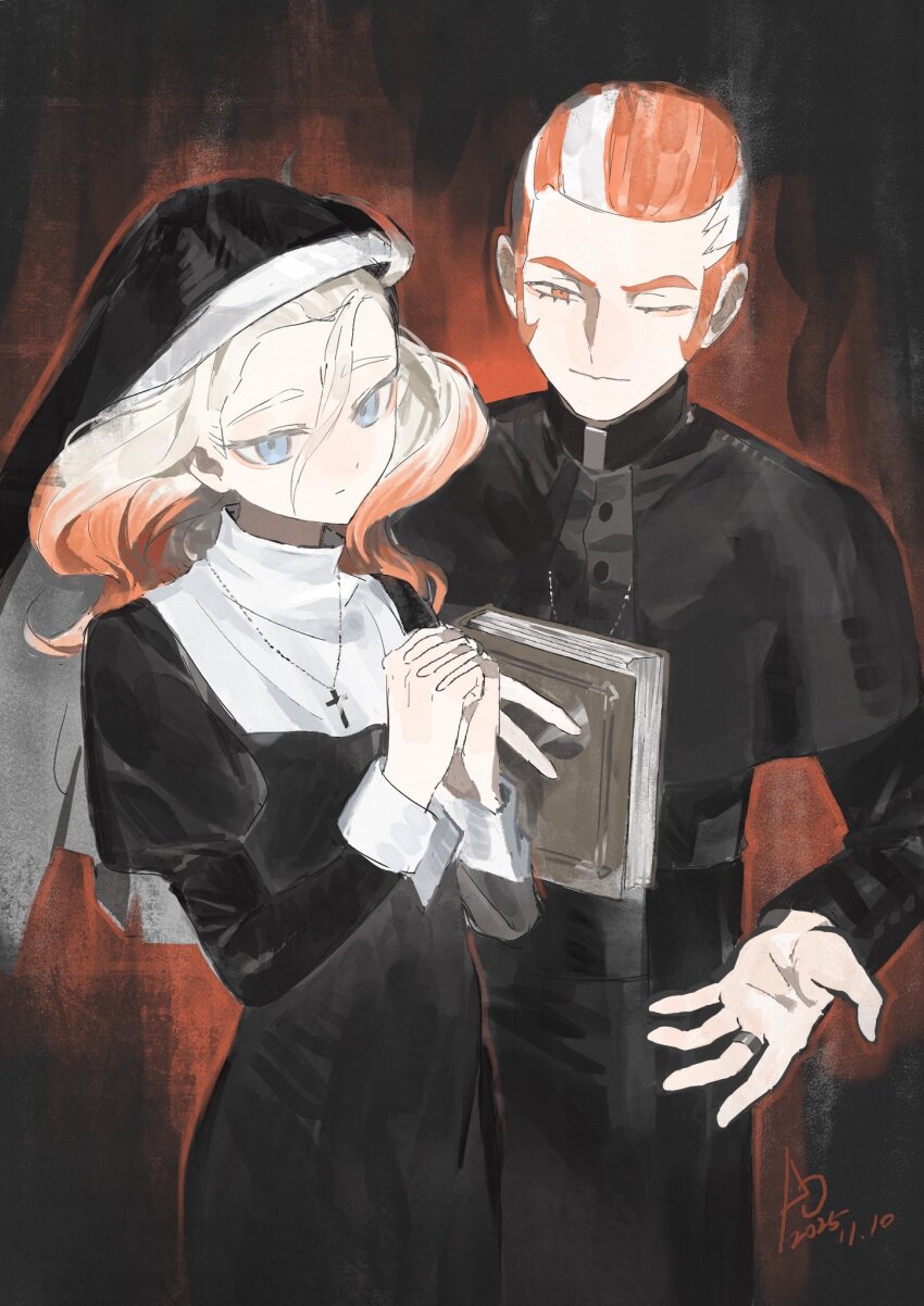 1boy, 1girl, alternate_costume, blue_eyes, book, cross, cross_necklace, dated, griselle_(pokemon), grisham_(pokemon), hair_between_eyes, hazel_maier, highres, holding, holding_book, interlocked_fingers, jewelry, looking_at_viewer, medium_hair, necklace, nintendo, nun, one_eye_closed, orange_eyes, orange_hair, own_hands_clasped, own_hands_together, pokemon, pokemon_legends:_z-a, priest, short_hair, traditional_nun, white_hair