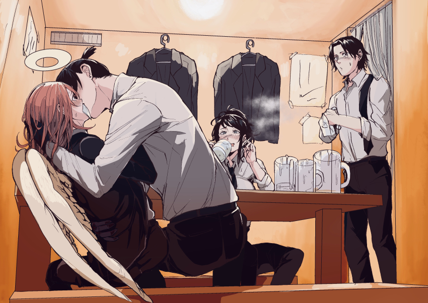 1girl, 3boys, absurdres, angel, angel_devil_(chainsaw_man), angel_wings, beer_mug, black_hair