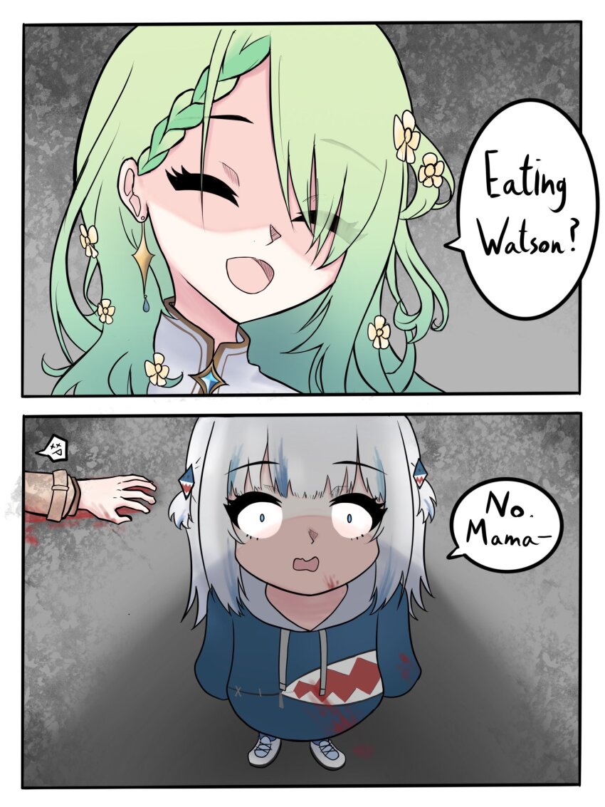 3girls, :d, ^_^, blood, blood_on_clothes, blood_on_face, blue_eyes, blue_hair, blue_hoodie, braid, braided_bangs, ceres_fauna, ceres_fauna_(1st_costume), closed_eyes, commentary, corpse, death, english_text, eyes_visible_through_hair, fong_(fongthe0125), gawr_gura, gawr_gura_(1st_costume), green_hair, grey_hair, hair_ornament, hair_over_one_eye, highres, hololive, hololive_english, hood, hood_down, hoodie, long_hair, long_sleeves, multicolored_hair, multiple_girls, open_mouth, shoes, smile, spoken_expression, standing, streaked_hair, two_side_up, virtual_youtuber, watson_amelia, watson_amelia_(1st_costume), wavy_mouth, white_shoes, wide-eyed