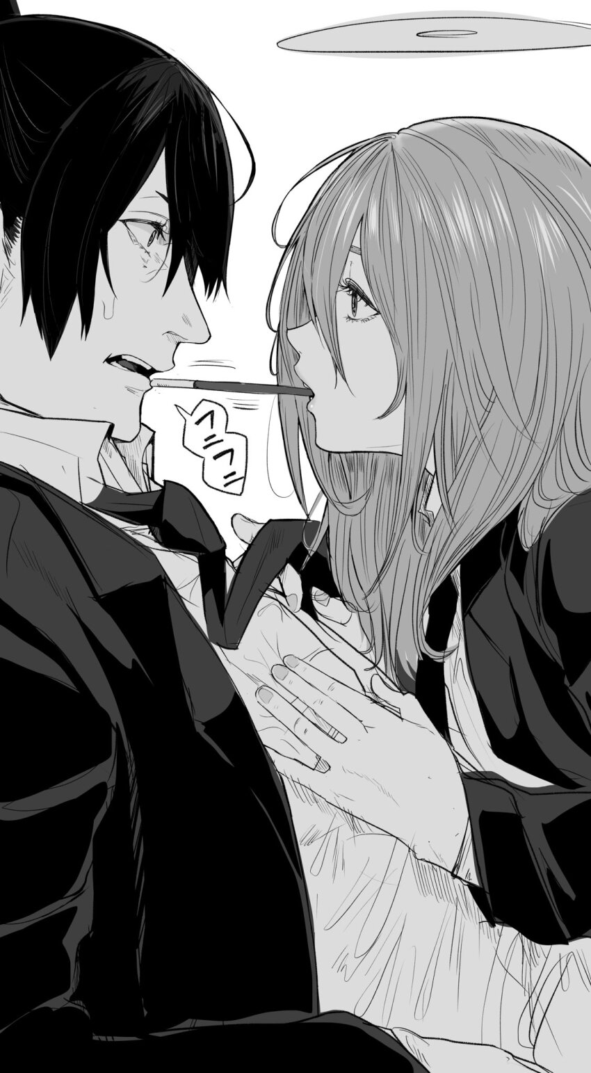 029tintin, 2boys, angel, angel_devil_(chainsaw_man), angel_wings, chainsaw_man, commentary_request, eye_contact, food, from_side, greyscale, halo, hayakawa_aki, heco_inu, highres, looking_at_another, male_focus, monochrome, multiple_boys, necktie, pocky, pocky_kiss, shared_food, simple_background, teeth, traditional_halo, white_background, wings, yaoi