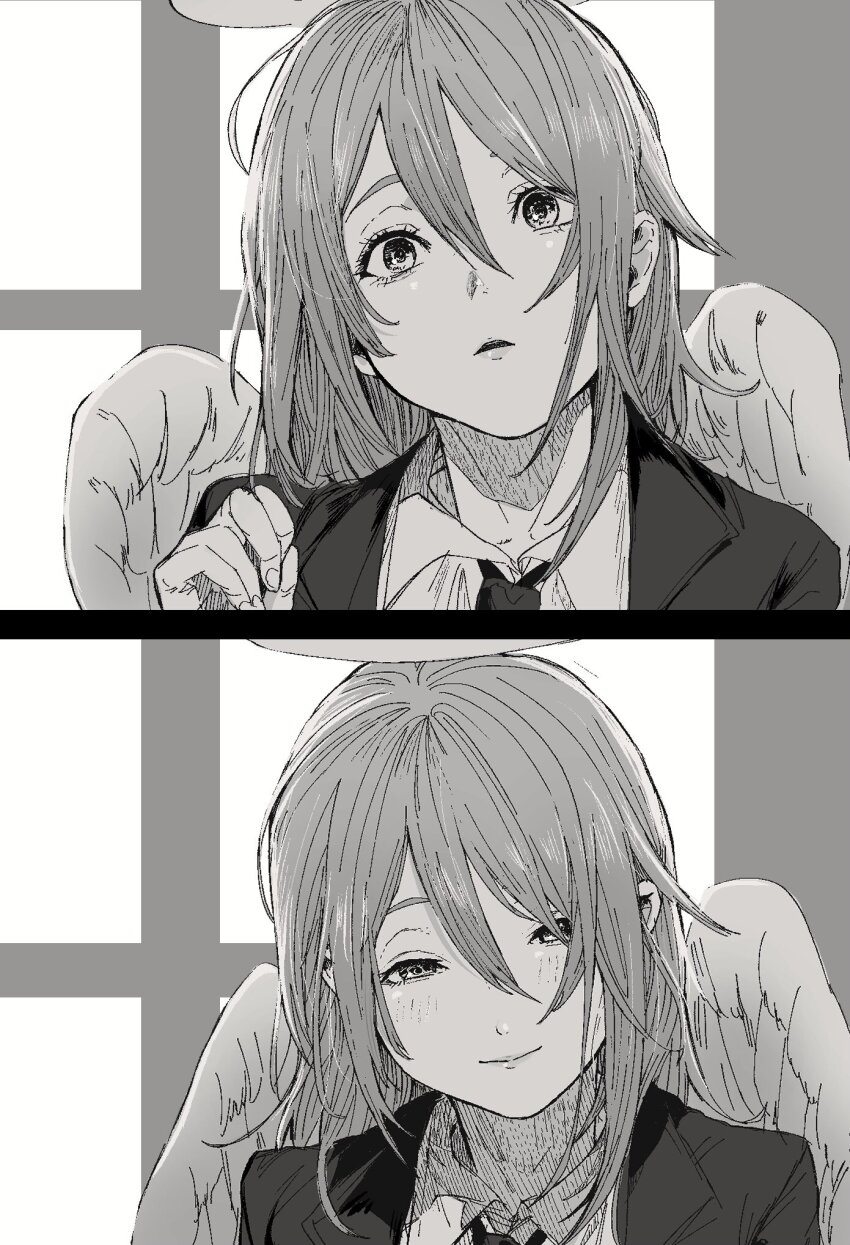 029tintin, 1boy, androgynous, angel, angel_devil_(chainsaw_man), chainsaw_man, closed_mouth, collared_shirt