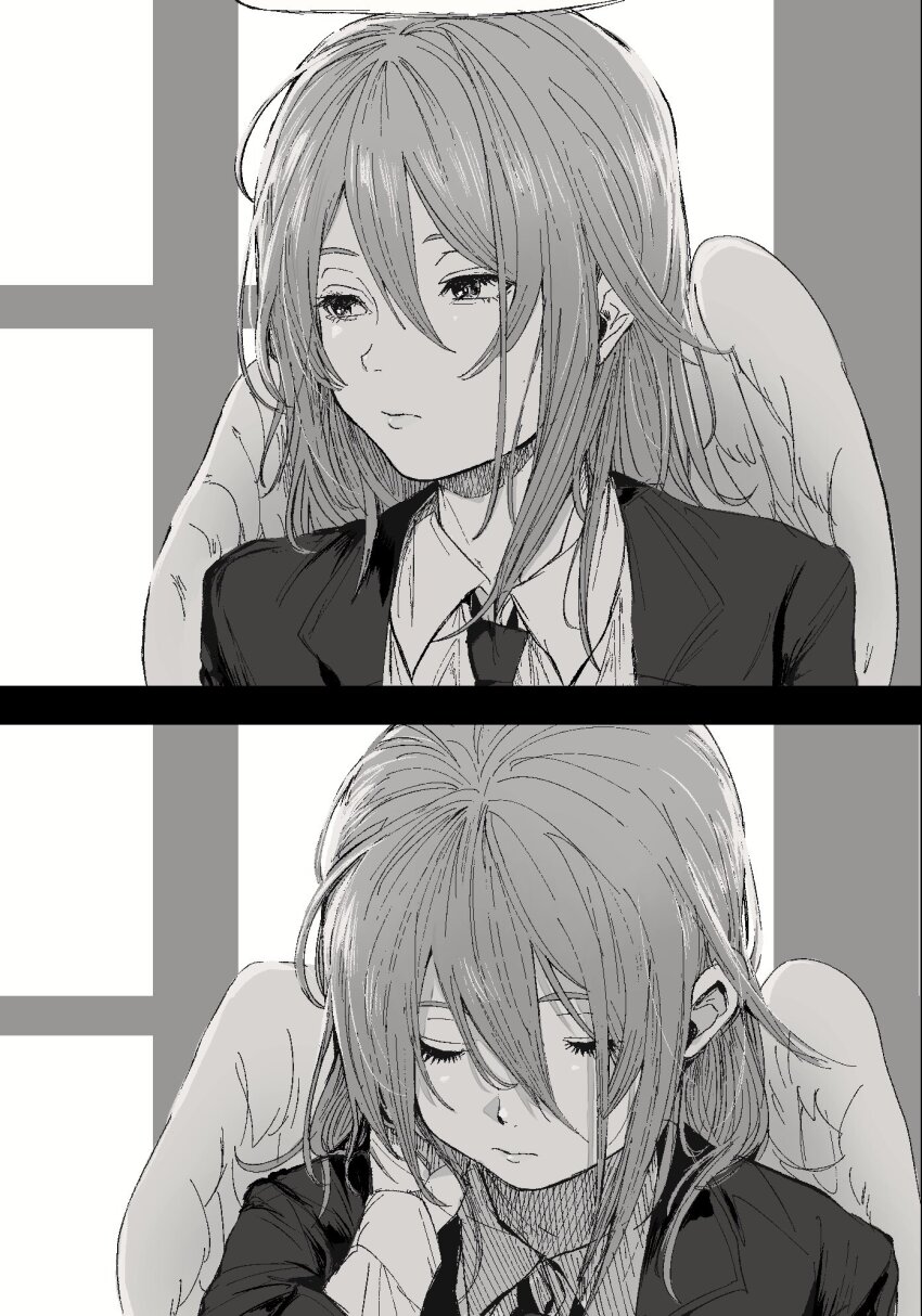 029tintin, 1boy, angel, angel_devil_(chainsaw_man), chainsaw_man, closed_eyes, closed_mouth, collared_shirt