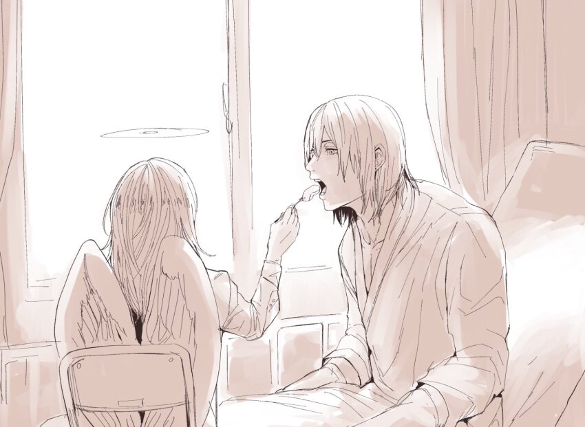 029tintin, 2boys, angel, angel_devil_(chainsaw_man), angel_wings, bed, chainsaw_man, commentary_request