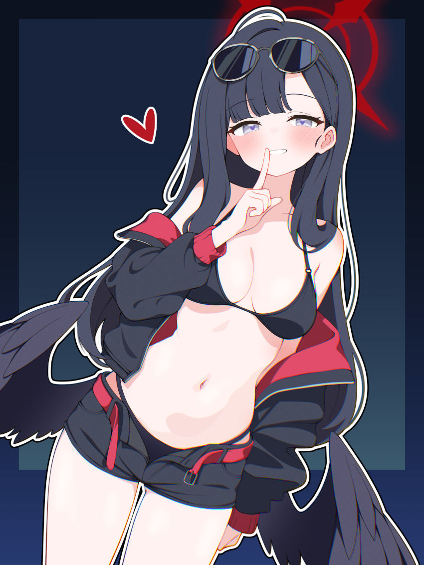 1girl, absurdres, acalephea, bikini, black_bikini, black_hair, black_wings, blue_archive