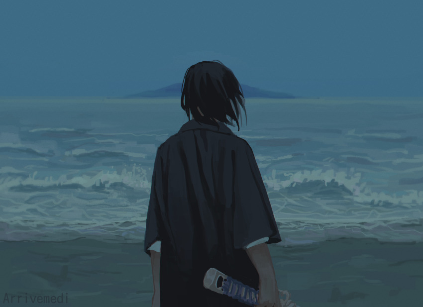 1boy, asteris-kitsy, back, beach, black_shirt, dawn, facing_away, highres, holding, holding_sword, holding_weapon, horizon, impending_doom, island, kagurabachi, katana, magatsumi_(sword), male_focus, medium_hair, ocean, outdoors, sand, scenery, shirt, shore, sky, soga_akemura, solo, standing, sword, unsheathed, water, weapon