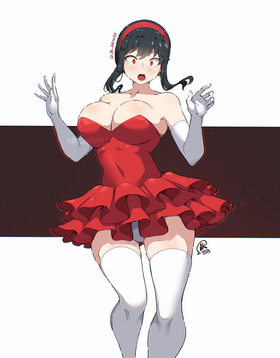 1girl, :o, artist_logo, bare_shoulders, black_hair, breasts, cleavage, collarbone, commentary, cosplay, covered_navel, dress, elbow_gloves, english_commentary, gloves, hair_between_eyes, hairband, hands_up, jk_arts, kirigoe_mima, kirigoe_mima_(cosplay), large_breasts, logo, long_hair, looking_at_viewer, open_mouth, panties, perfect_blue, red_dress, red_eyes, red_hairband, sidelocks, solo, spy_x_family, strapless, strapless_dress, thighhighs, thighs, twitter_username, underwear, white_gloves, white_panties, white_thighhighs, yor_briar