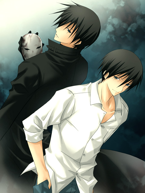 00s, 1boy, back-to-back, backlighting, black_coat, black_gloves, blush, breast_pocket