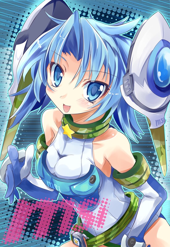 1girl, akudama_geku, bare_shoulders, blue_eyes, blue_hair, blush, breast_press, breasts, collar, elbow_gloves, female_focus, gloves, hair_ornament, matching_hair/eyes, micro_star_international, mihoshi_ai, short_hair, solo, star_(symbol)