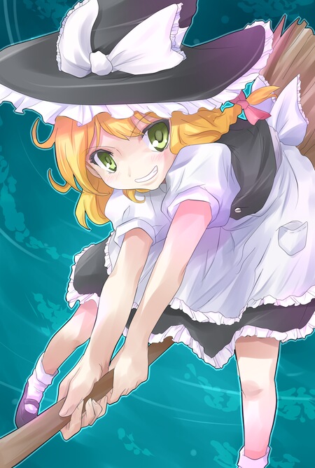 1girl, akudama_geku, blonde_hair, broom, broom_riding, female_focus, gradient_background, grin