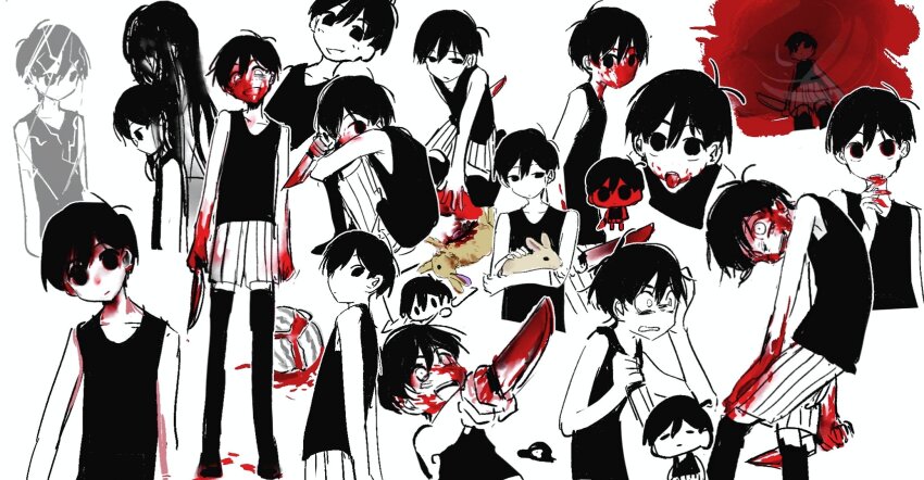 0_scyf, 1girl, 2boys, animal, antenna_hair, black_tank_top, black_thighhighs, blood